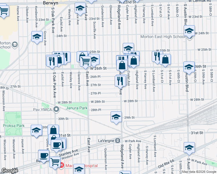 map of restaurants, bars, coffee shops, grocery stores, and more near 6425 27th Place in Berwyn