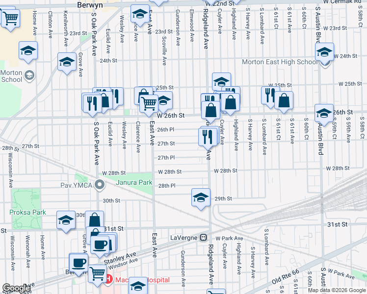 map of restaurants, bars, coffee shops, grocery stores, and more near 6501 27th Place in Berwyn
