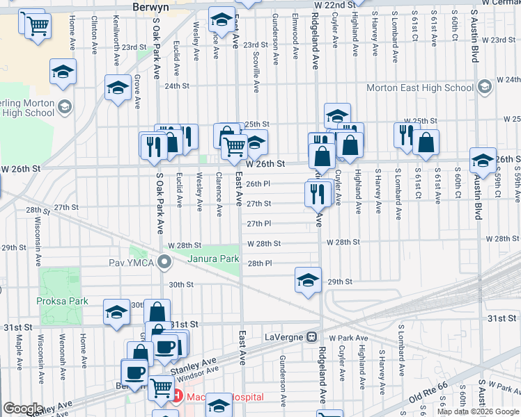 map of restaurants, bars, coffee shops, grocery stores, and more near 6539 27th Place in Berwyn