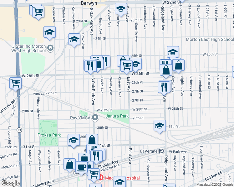 map of restaurants, bars, coffee shops, grocery stores, and more near 2709 Wesley Avenue in Berwyn
