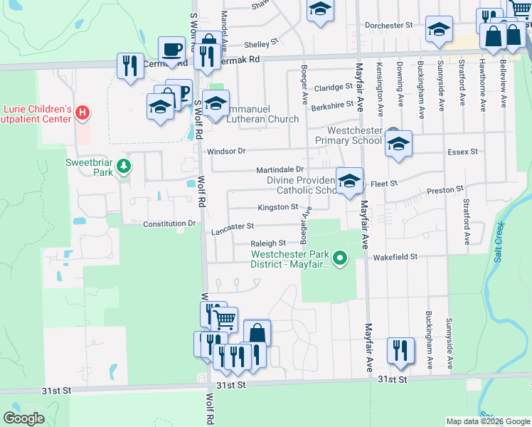 map of restaurants, bars, coffee shops, grocery stores, and more near 11022 Lancaster Street in Westchester