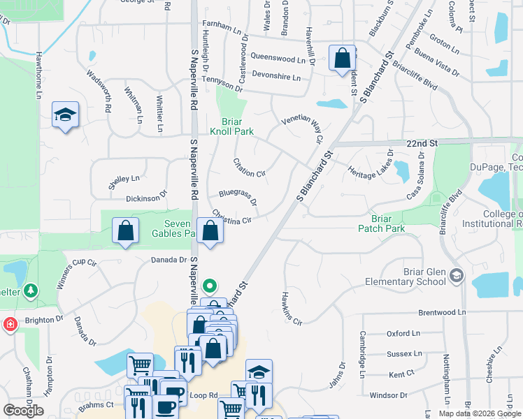 map of restaurants, bars, coffee shops, grocery stores, and more near 110 Christina Circle in Wheaton