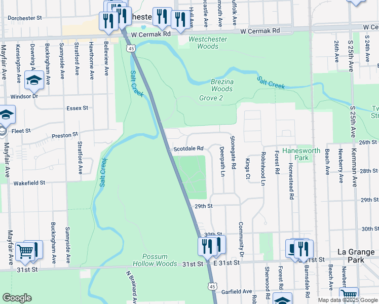 map of restaurants, bars, coffee shops, grocery stores, and more near 10 Scotdale Road in La Grange Park