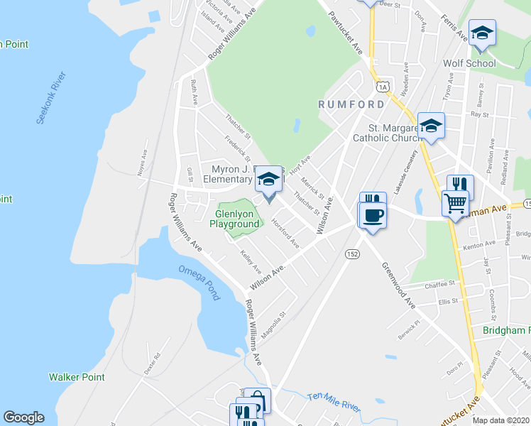 map of restaurants, bars, coffee shops, grocery stores, and more near 64 Bourne Avenue in East Providence