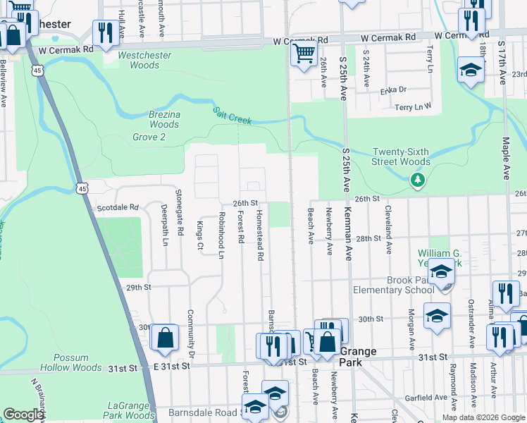 map of restaurants, bars, coffee shops, grocery stores, and more near 1537 Homestead Road in La Grange Park