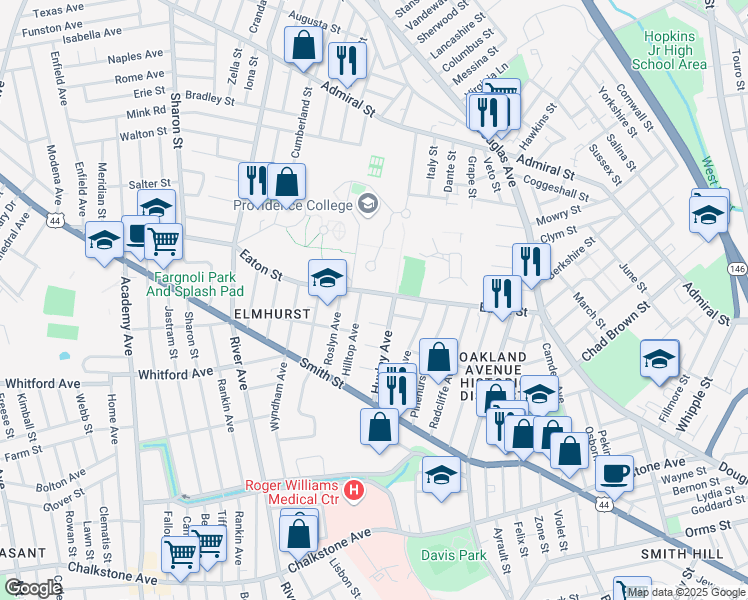 map of restaurants, bars, coffee shops, grocery stores, and more near 180 Eaton Street in Providence