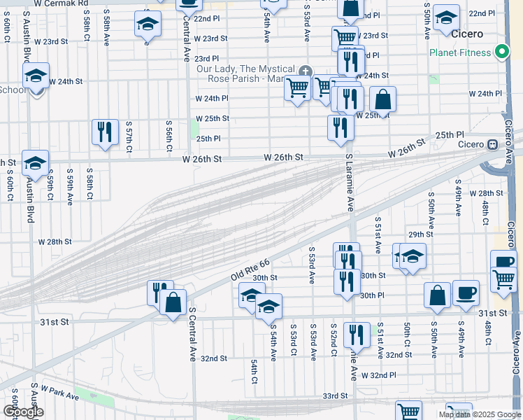 map of restaurants, bars, coffee shops, grocery stores, and more near 5201 W 26th St in Chicago