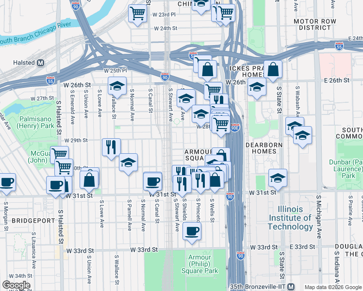 map of restaurants, bars, coffee shops, grocery stores, and more near 2848 South Shields Avenue in Chicago