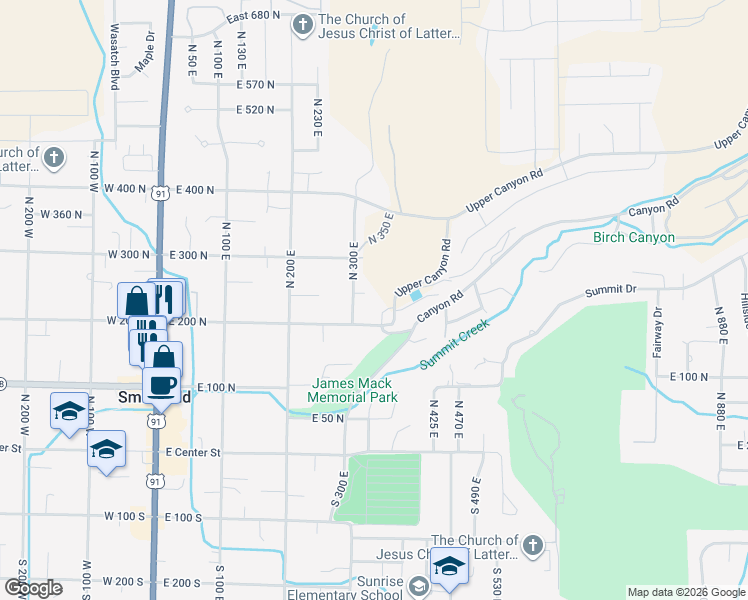 map of restaurants, bars, coffee shops, grocery stores, and more near 325 East 200 North in Smithfield