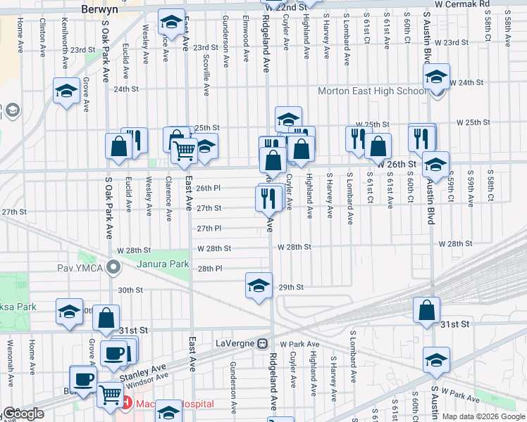 map of restaurants, bars, coffee shops, grocery stores, and more near 2711 Ridgeland Avenue in Berwyn