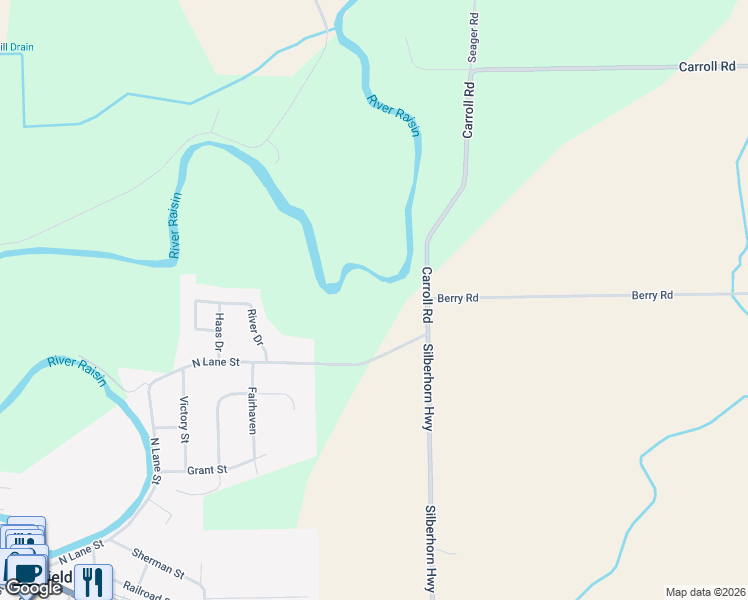 map of restaurants, bars, coffee shops, grocery stores, and more near 5484 Carroll Road in Blissfield
