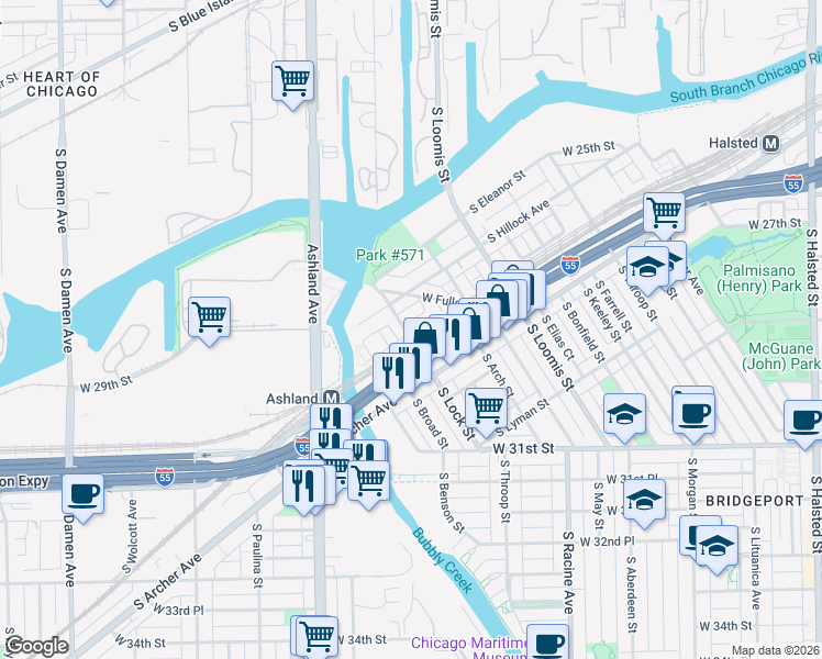 map of restaurants, bars, coffee shops, grocery stores, and more near 2846 Dermott Street in Chicago