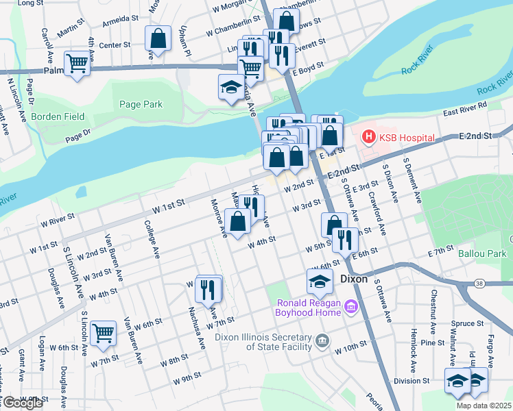 map of restaurants, bars, coffee shops, grocery stores, and more near 214 Madison Avenue in Dixon
