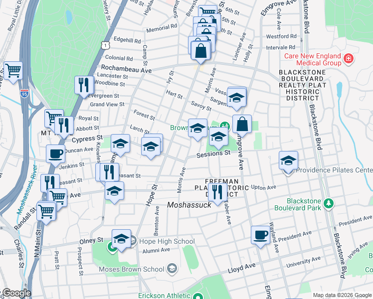 map of restaurants, bars, coffee shops, grocery stores, and more near 295 Morris Avenue in Providence