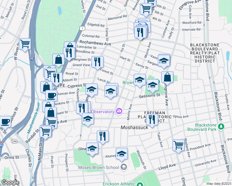map of restaurants, bars, coffee shops, grocery stores, and more near 214 Cypress Street in Providence