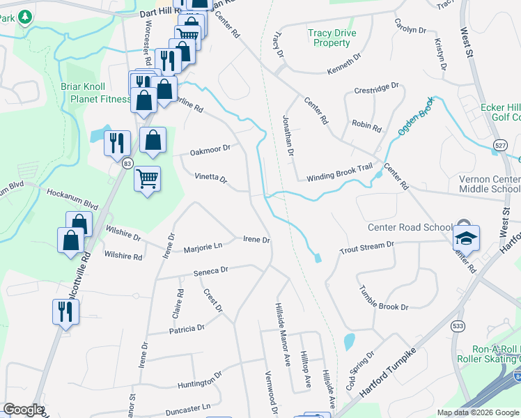 map of restaurants, bars, coffee shops, grocery stores, and more near 225 Merline Road in Vernon