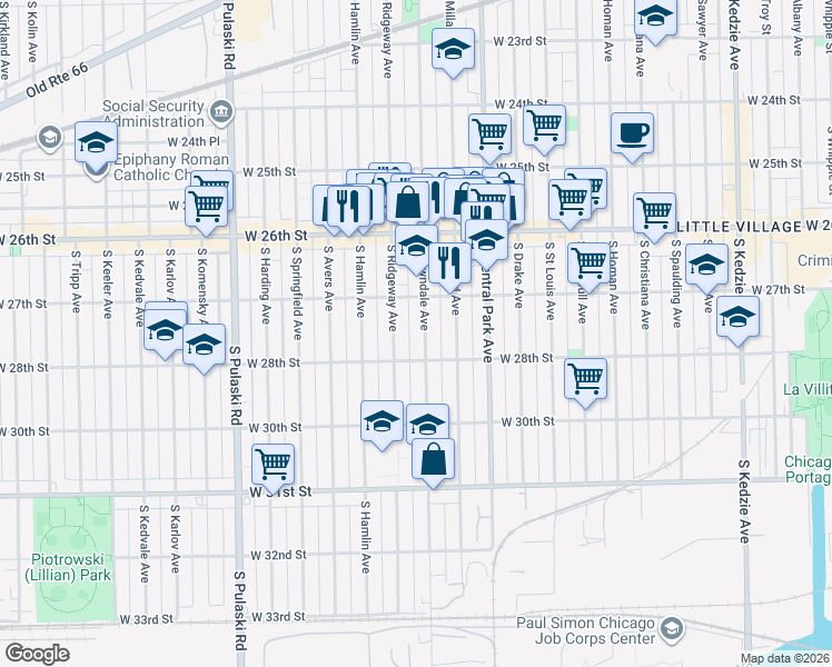 map of restaurants, bars, coffee shops, grocery stores, and more near 2753 South Lawndale Avenue in Chicago