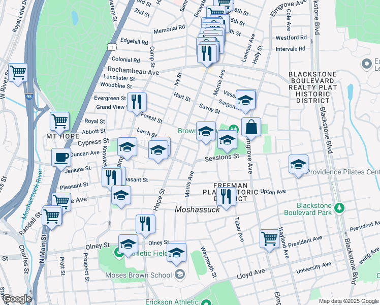map of restaurants, bars, coffee shops, grocery stores, and more near 3 Sessions Street in Providence