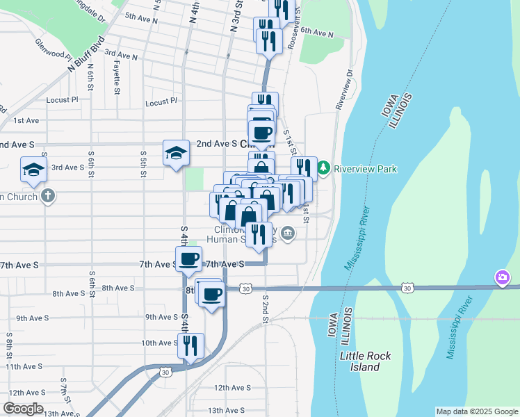 map of restaurants, bars, coffee shops, grocery stores, and more near 200 5th Avenue South in Clinton