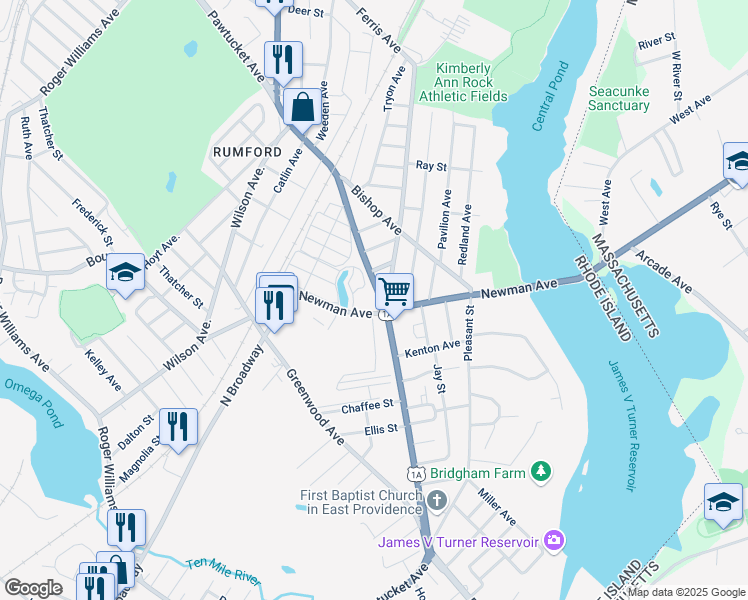 map of restaurants, bars, coffee shops, grocery stores, and more near 110-162 Newman Ave in East Providence