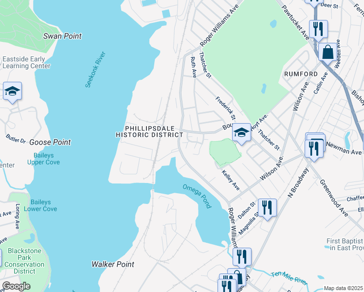 map of restaurants, bars, coffee shops, grocery stores, and more near 27 Riverwoods Court in East Providence