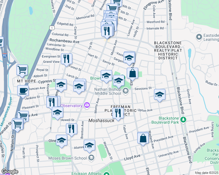 map of restaurants, bars, coffee shops, grocery stores, and more near 43 Sessions Street in Providence