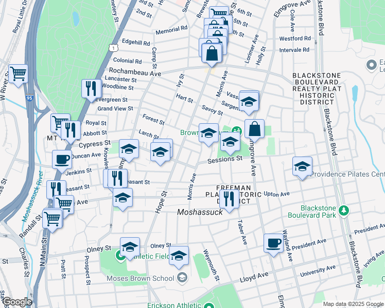 map of restaurants, bars, coffee shops, grocery stores, and more near 3 Sessions Street in Providence