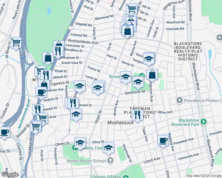 map of restaurants, bars, coffee shops, grocery stores, and more near 244 Cypress Street in Providence