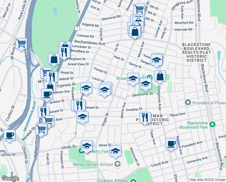 map of restaurants, bars, coffee shops, grocery stores, and more near 244 Cypress Street in Providence