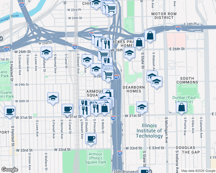 map of restaurants, bars, coffee shops, grocery stores, and more near 2978 South Wentworth Avenue in Chicago