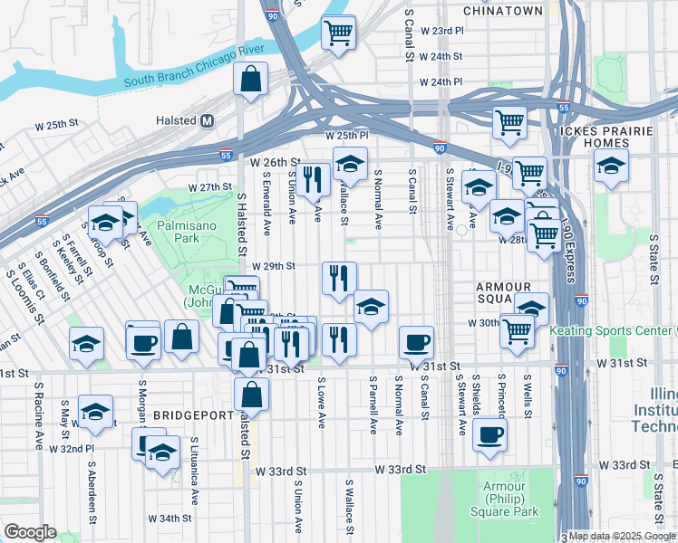 map of restaurants, bars, coffee shops, grocery stores, and more near 2926 South Wallace Street in Chicago