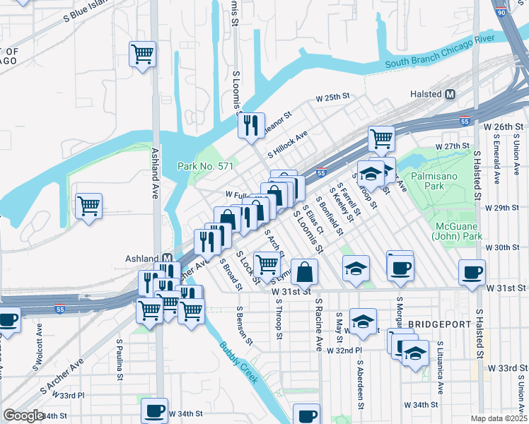 map of restaurants, bars, coffee shops, grocery stores, and more near 2855 South Grady Court in Chicago