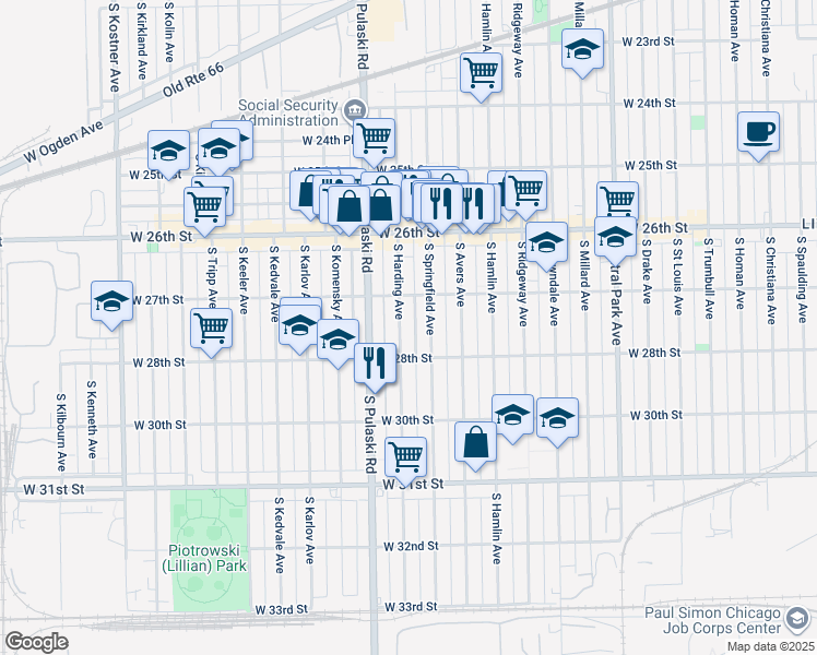 map of restaurants, bars, coffee shops, grocery stores, and more near 2749 South Harding Avenue in Chicago