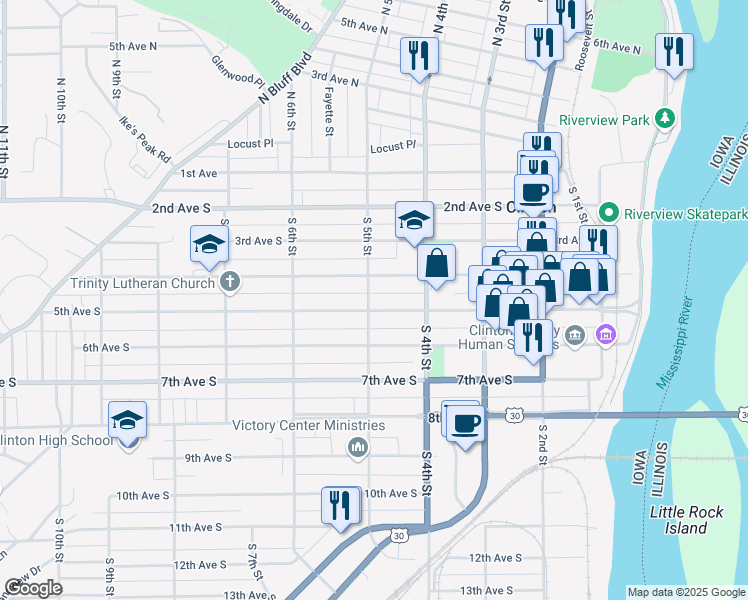 map of restaurants, bars, coffee shops, grocery stores, and more near 431 5th Avenue South in Clinton