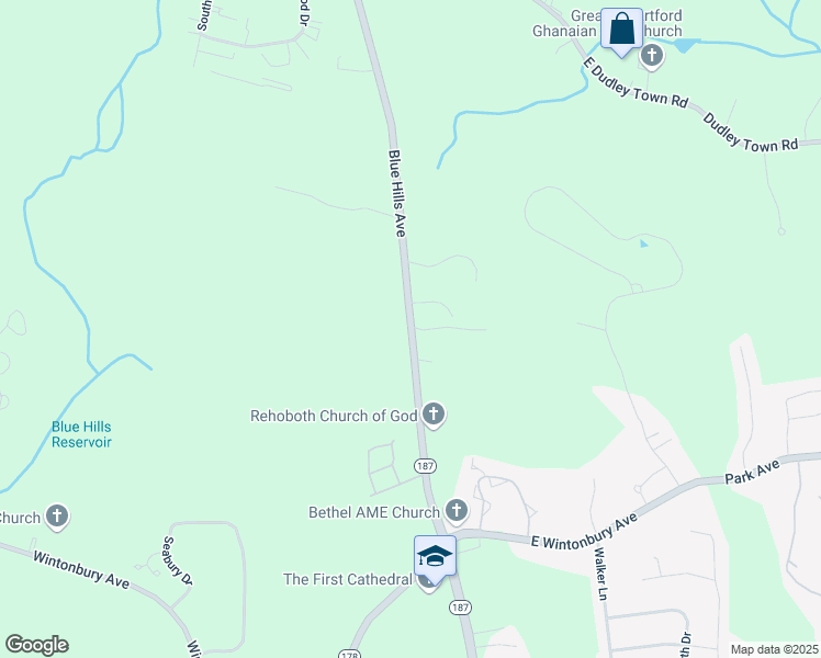 map of restaurants, bars, coffee shops, grocery stores, and more near 1197 Blue Hills Avenue in Bloomfield