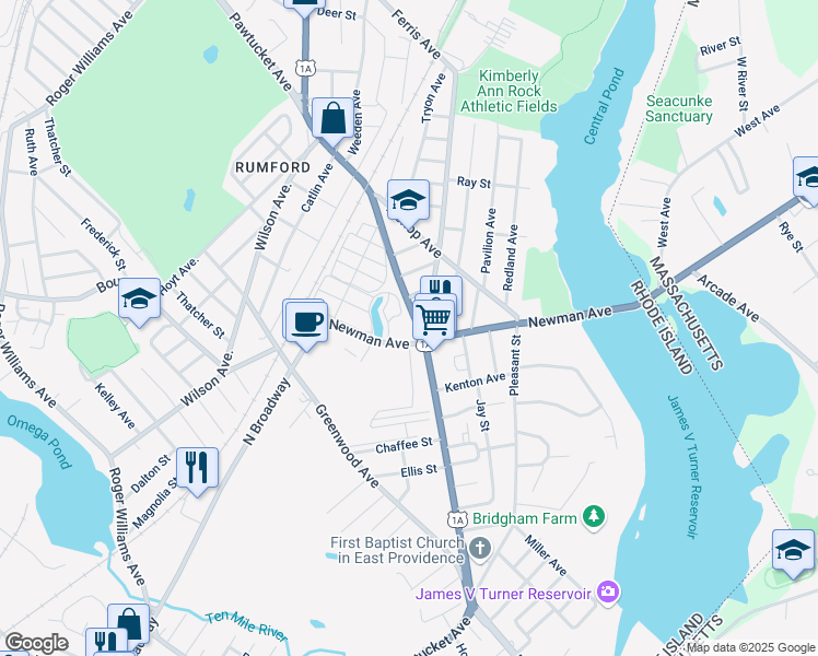 map of restaurants, bars, coffee shops, grocery stores, and more near 100 Newman Avenue in East Providence