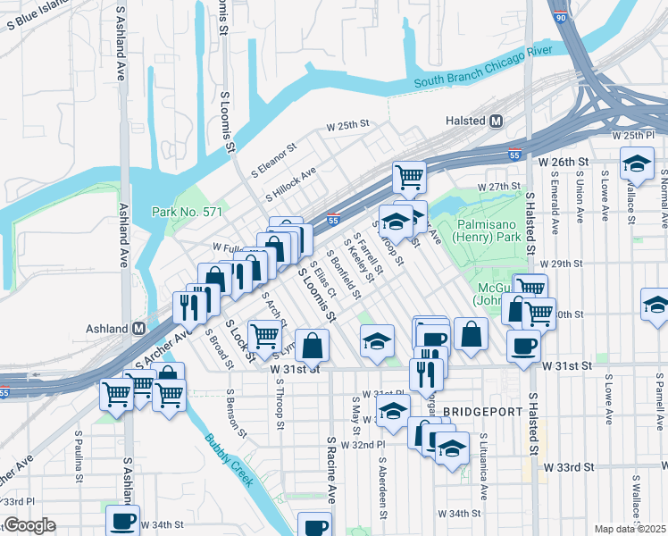map of restaurants, bars, coffee shops, grocery stores, and more near 2930 South Bonfield Street in Chicago