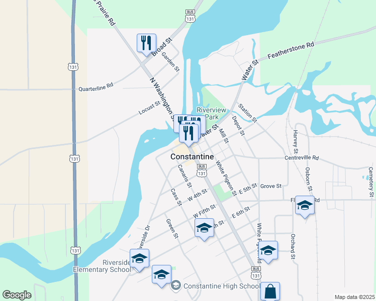 map of restaurants, bars, coffee shops, grocery stores, and more near 156 South Washington Street in Constantine