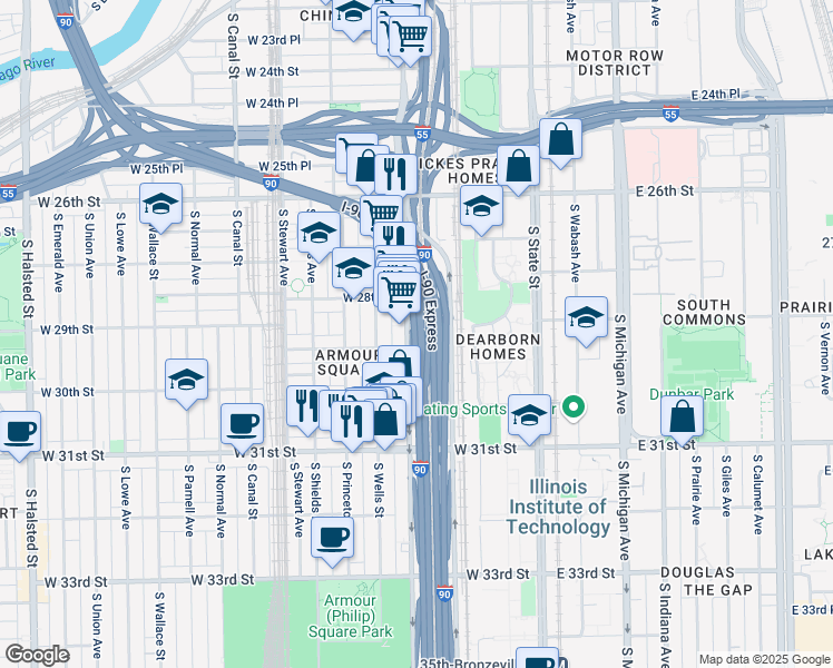 map of restaurants, bars, coffee shops, grocery stores, and more near 2978 South Wentworth Avenue in Chicago