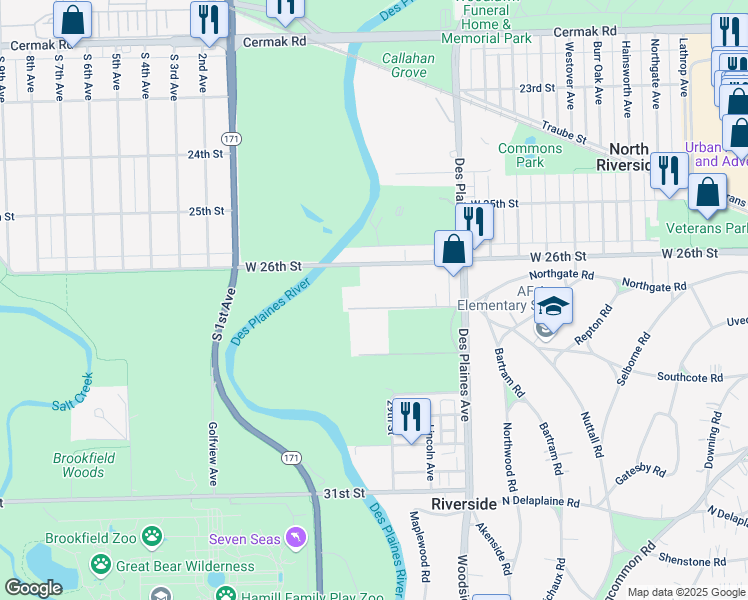 map of restaurants, bars, coffee shops, grocery stores, and more near 8126 West 27th Street in North Riverside