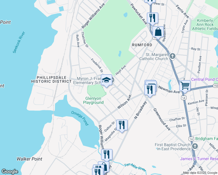 map of restaurants, bars, coffee shops, grocery stores, and more near 64 Bourne Avenue in East Providence