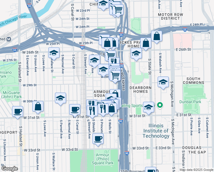 map of restaurants, bars, coffee shops, grocery stores, and more near 2900 South Wells Street in Chicago