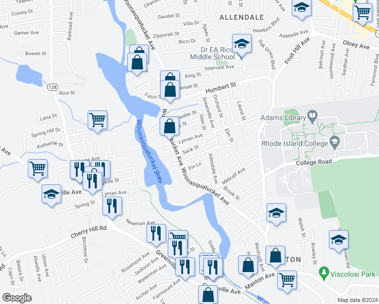 map of restaurants, bars, coffee shops, grocery stores, and more near 21 Sack Street in North Providence