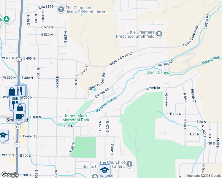 map of restaurants, bars, coffee shops, grocery stores, and more near 510 Canyon Road in Smithfield