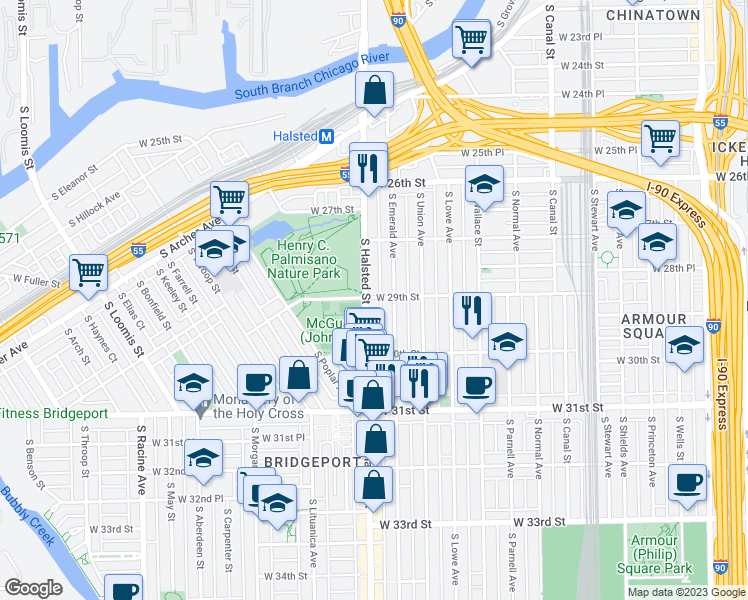 map of restaurants, bars, coffee shops, grocery stores, and more near 2903 South Halsted Street in Chicago