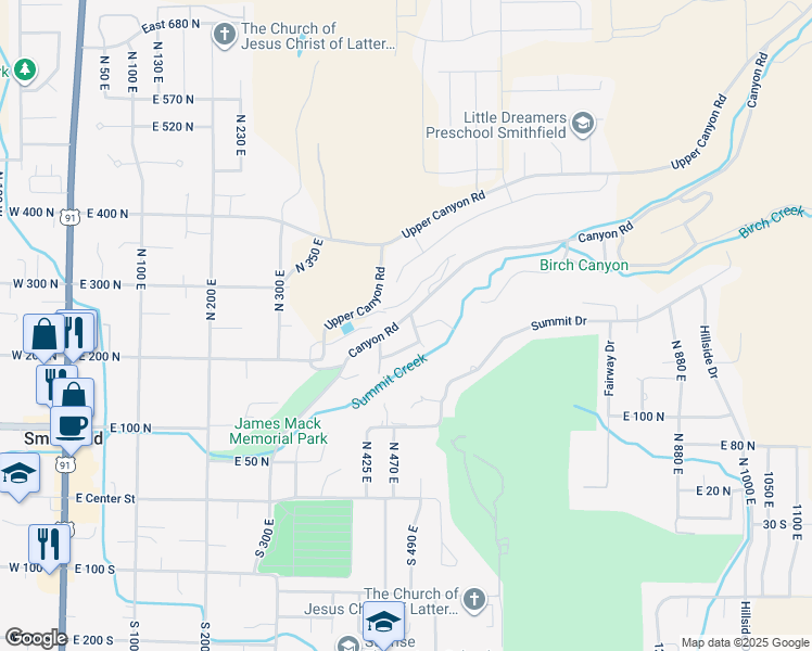 map of restaurants, bars, coffee shops, grocery stores, and more near 510 Canyon Road in Smithfield