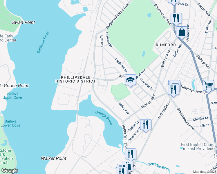 map of restaurants, bars, coffee shops, grocery stores, and more near 22 Riverwoods Court in East Providence