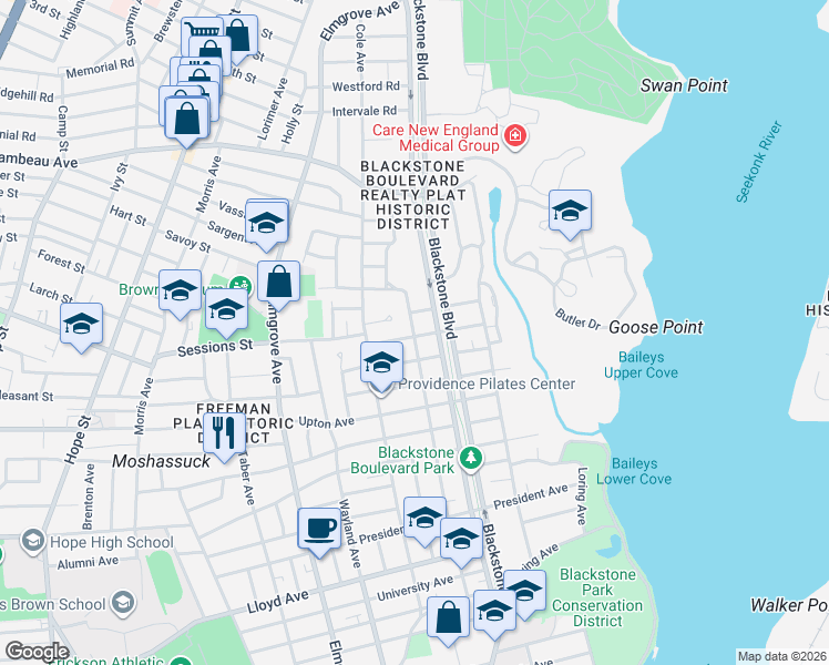 map of restaurants, bars, coffee shops, grocery stores, and more near 226 Blackstone Boulevard in Providence