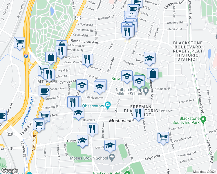 map of restaurants, bars, coffee shops, grocery stores, and more near 244 Cypress Street in Providence