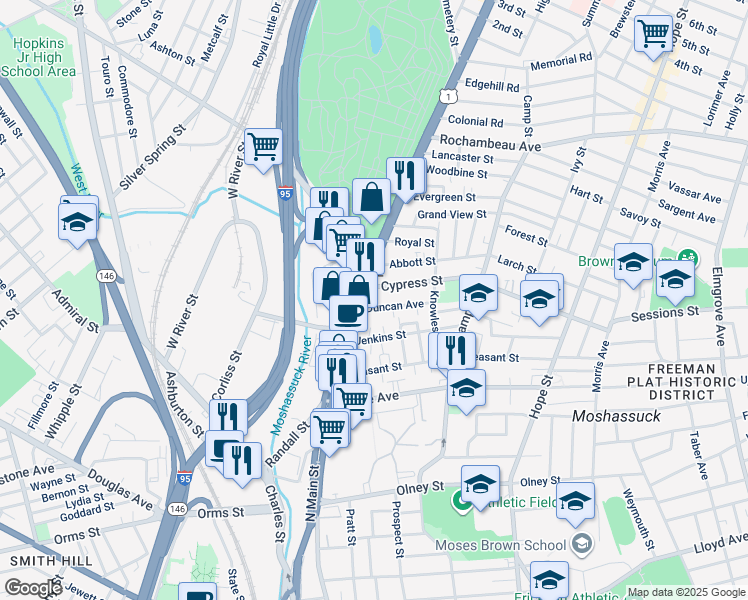 map of restaurants, bars, coffee shops, grocery stores, and more near 761 North Main Street in Providence
